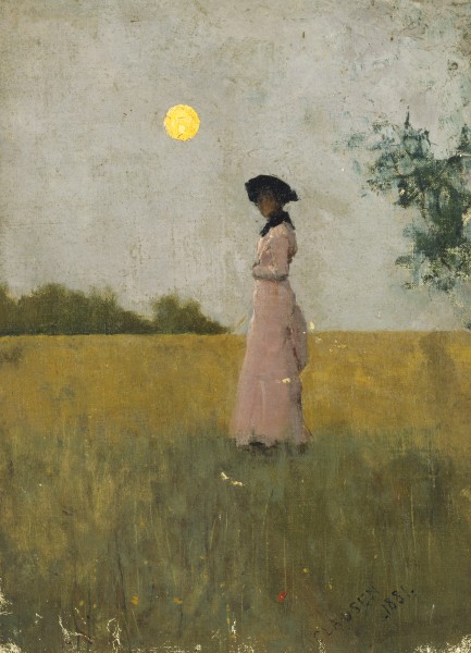 Sir George Clausen, View of a lady in pink standing in a cornfield, 1881