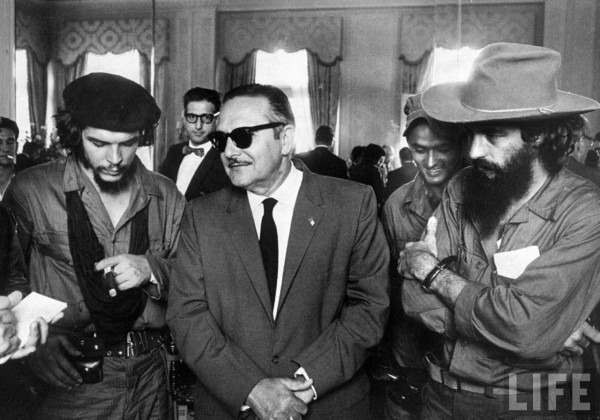Cuban rebels Ernesto Che Guevara, Manuel Urrutia and Camilo Cienfuegos during celebration of Fidel Castro's rebel victory. Havana 1959