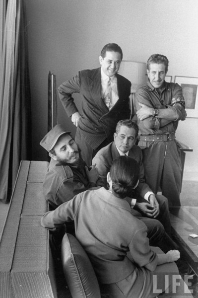 Dancer Margot Fonteyn (seated) talking to Fidel Castro (L) as her husband Roberto Tito Arias (C) listens. Havan 1959